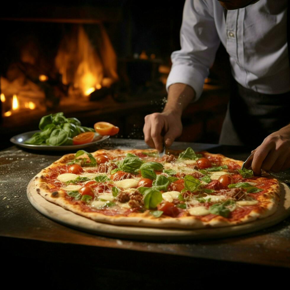 complacer en gastrónomo pizzas preparado por nuestra dedicado residente cocinero para social medios de comunicación enviar Talla ai generado foto