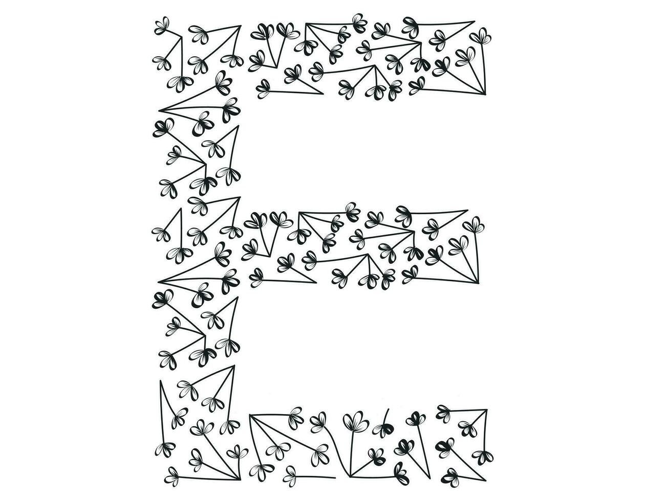 Isolated vector decorative letter E of the Latin alphabet. Botanical font, black sketch branches and leaves.