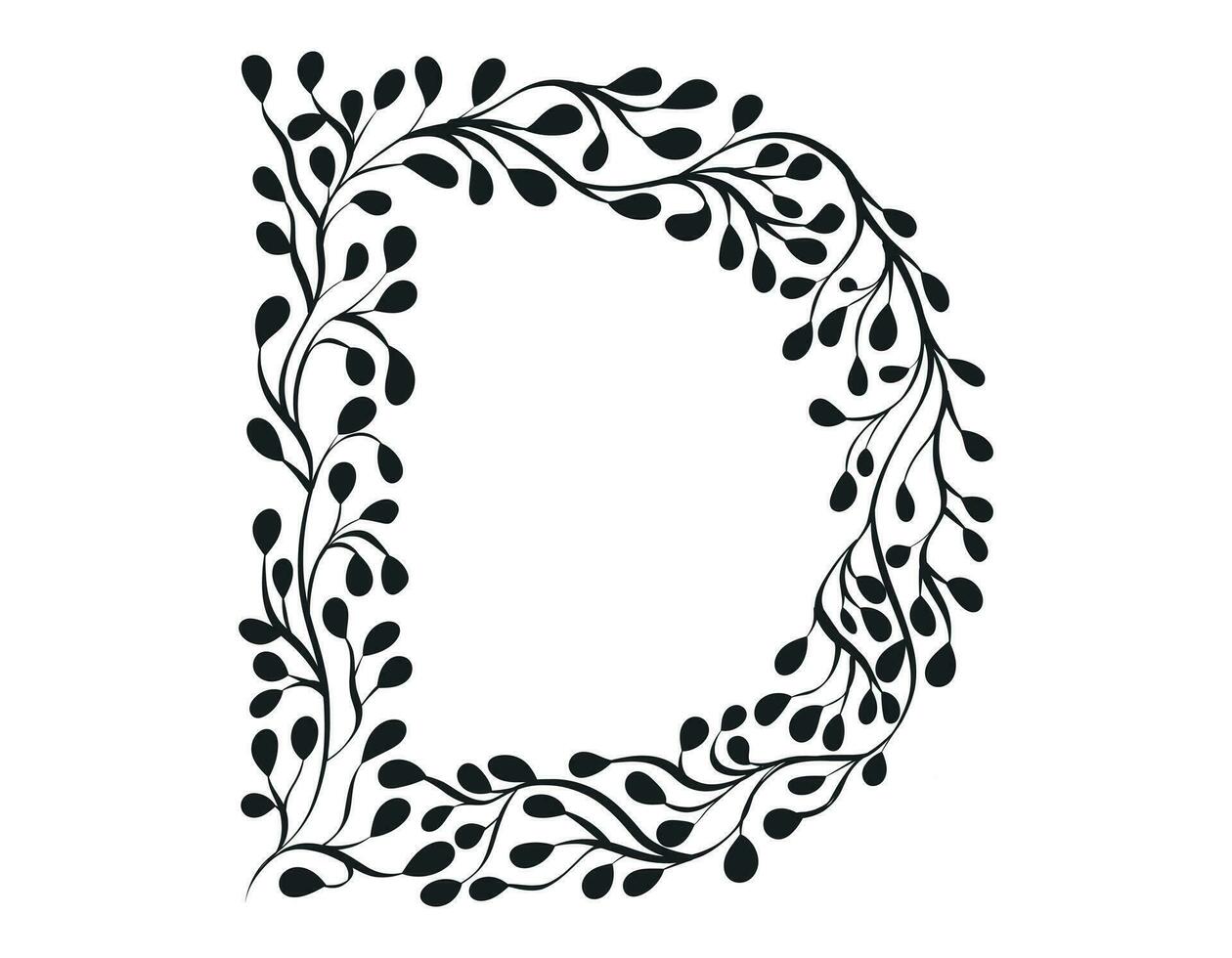 Floral alphabet. Vector isolated black and white Letter D decorated with elegant leaves, sketch style.