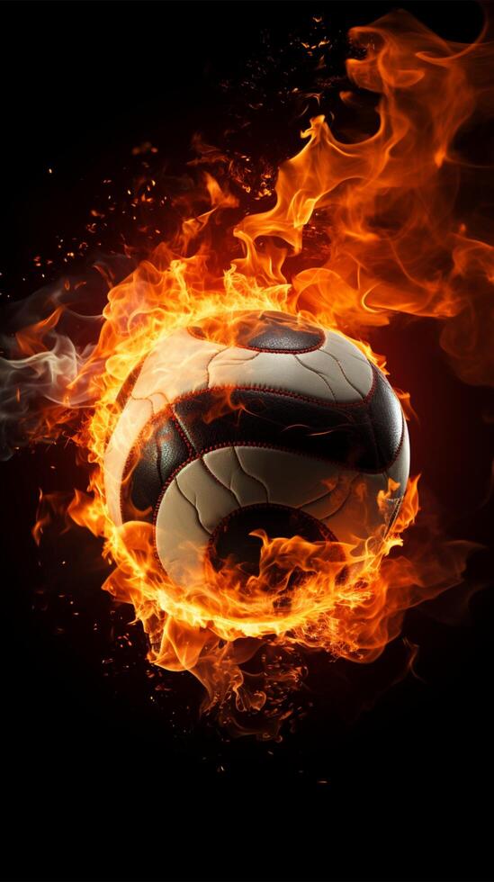 A volleyball engulfed in flames stands out against a black background Vertical Mobile Wallpaper AI Generated photo