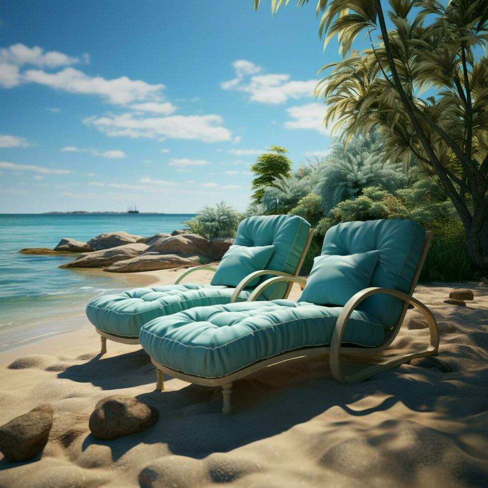 Sitting by the sea Chaise lounges invite beach enthusiasts to unwind and enjoy For Social Media Post Size AI Generated photo