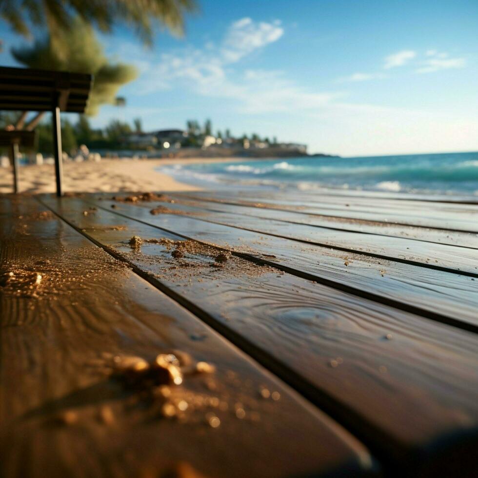 Wood floor deck on blur beach background can be used for display or montage your products For Social Media Post Size AI Generated photo