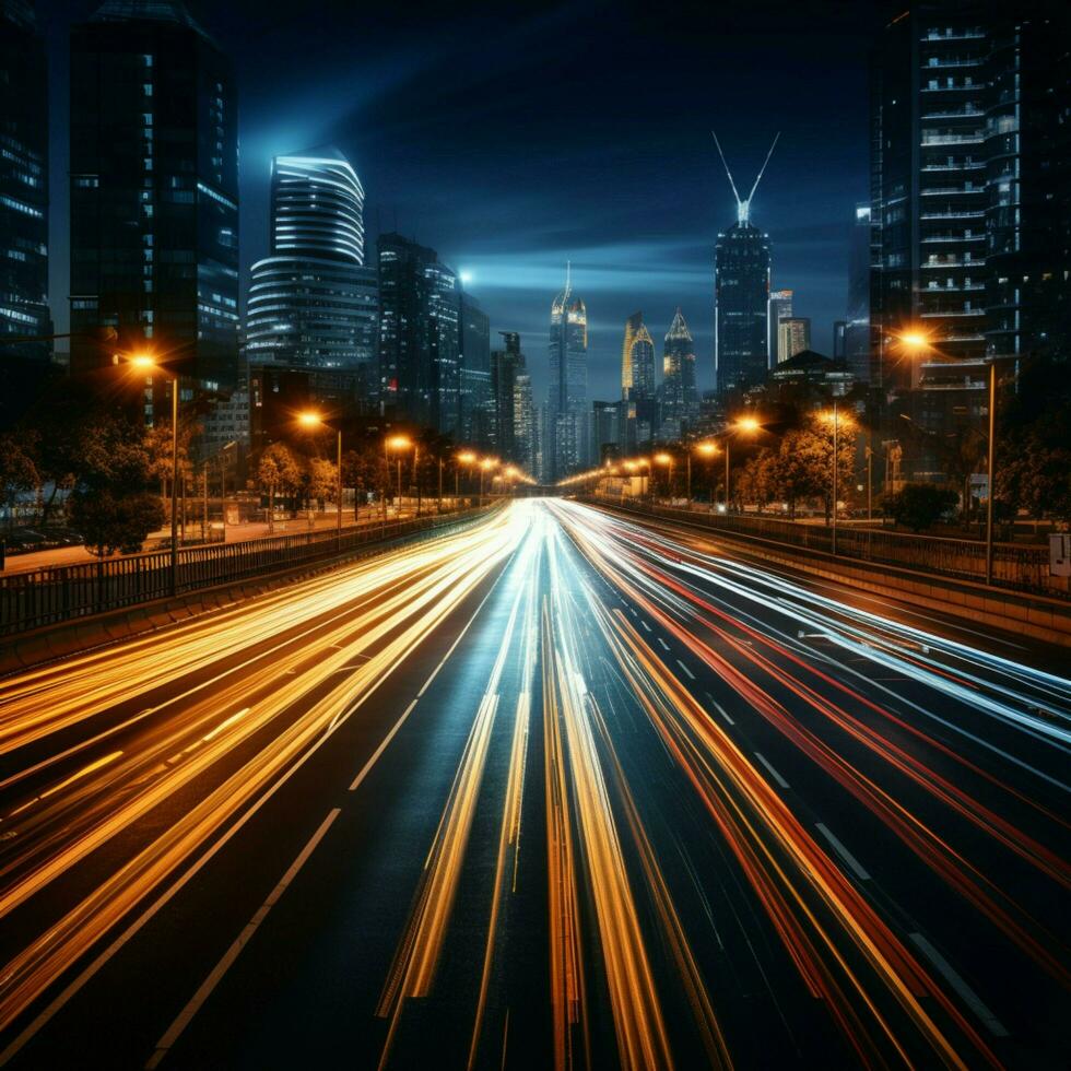 Blurred urban pulse Highway overpass in motion, cityscape background conveys bustling movement For Social Media Post Size AI Generated photo