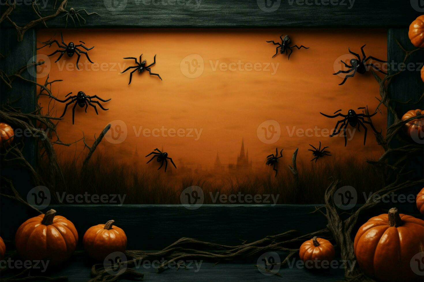 Halloween themed orange background for party invitations with clouds, bats, pumpkins AI Generated photo