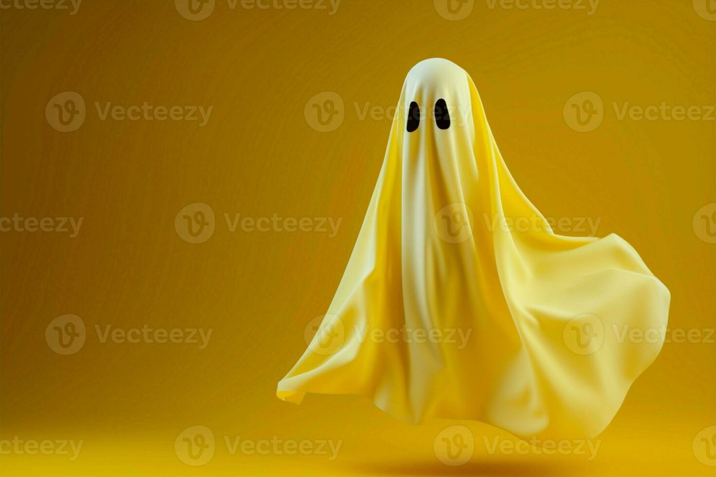 Minimalistic Halloween scare a flying ghost in white sheet, yellow AI Generated photo