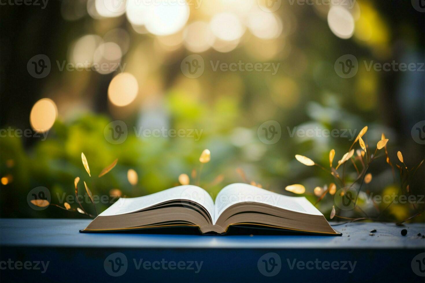Natures bokeh backdrop complements an open book in close view AI Generated photo