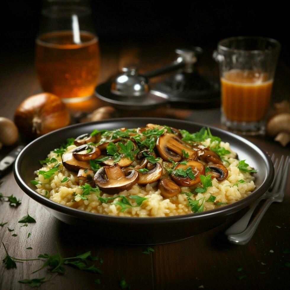 Risotto bowl, savory mushrooms, elegantly set table For Social Media Post Size AI Generated photo