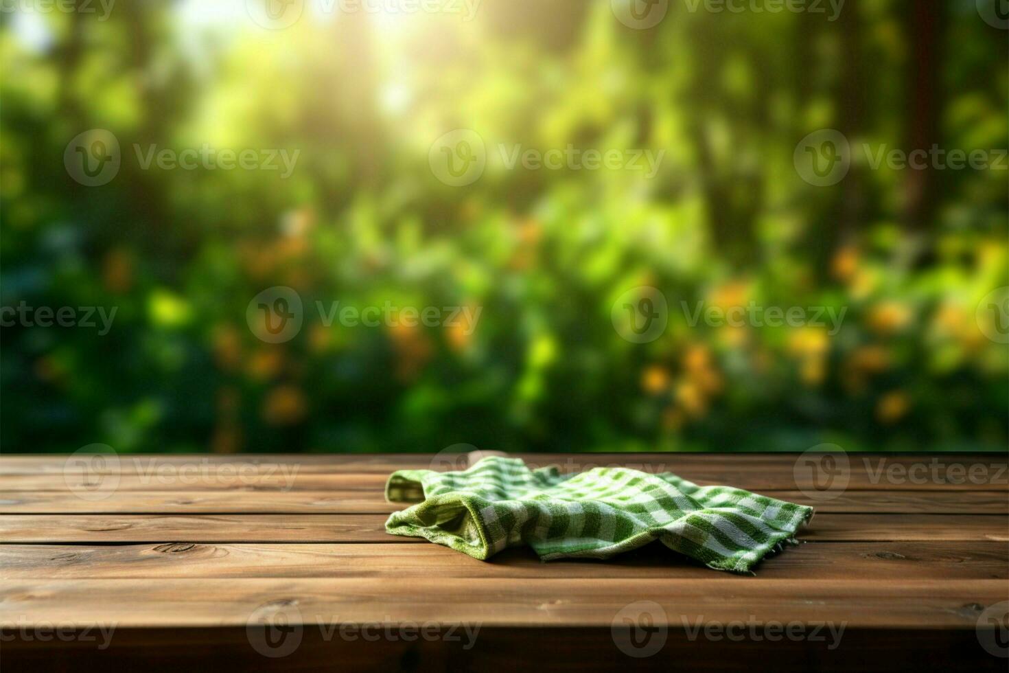 Wooden floor, background of grass blurs, an open copy space AI Generated photo