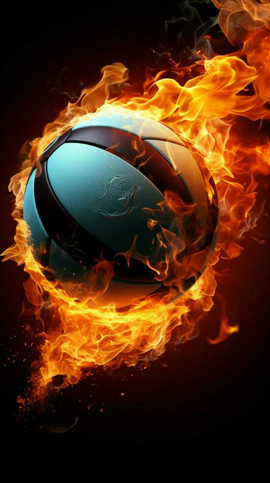 balones de voleibol intensidad, un ardiente pelota en un negro fondo, radiante pasión vertical móvil fondo de pantalla ai generado foto