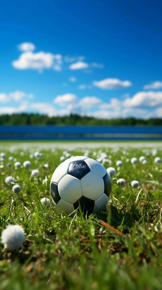 Dynamic grassy scene, Ball in play on vibrant field setting Vertical Mobile Wallpaper AI Generated photo
