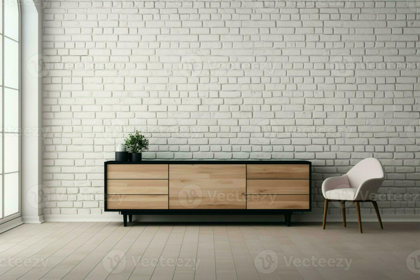 Empty white brick wall in contemporary living room mock up template AI Generated photo