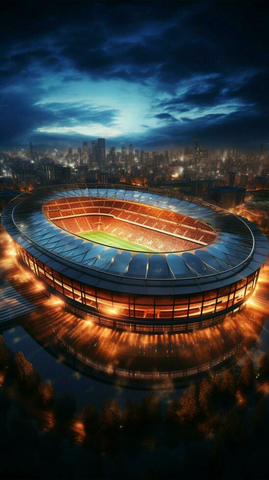 Soccer stadium at night, depicted in a top view 3D rendering Vertical Mobile Wallpaper AI Generated photo