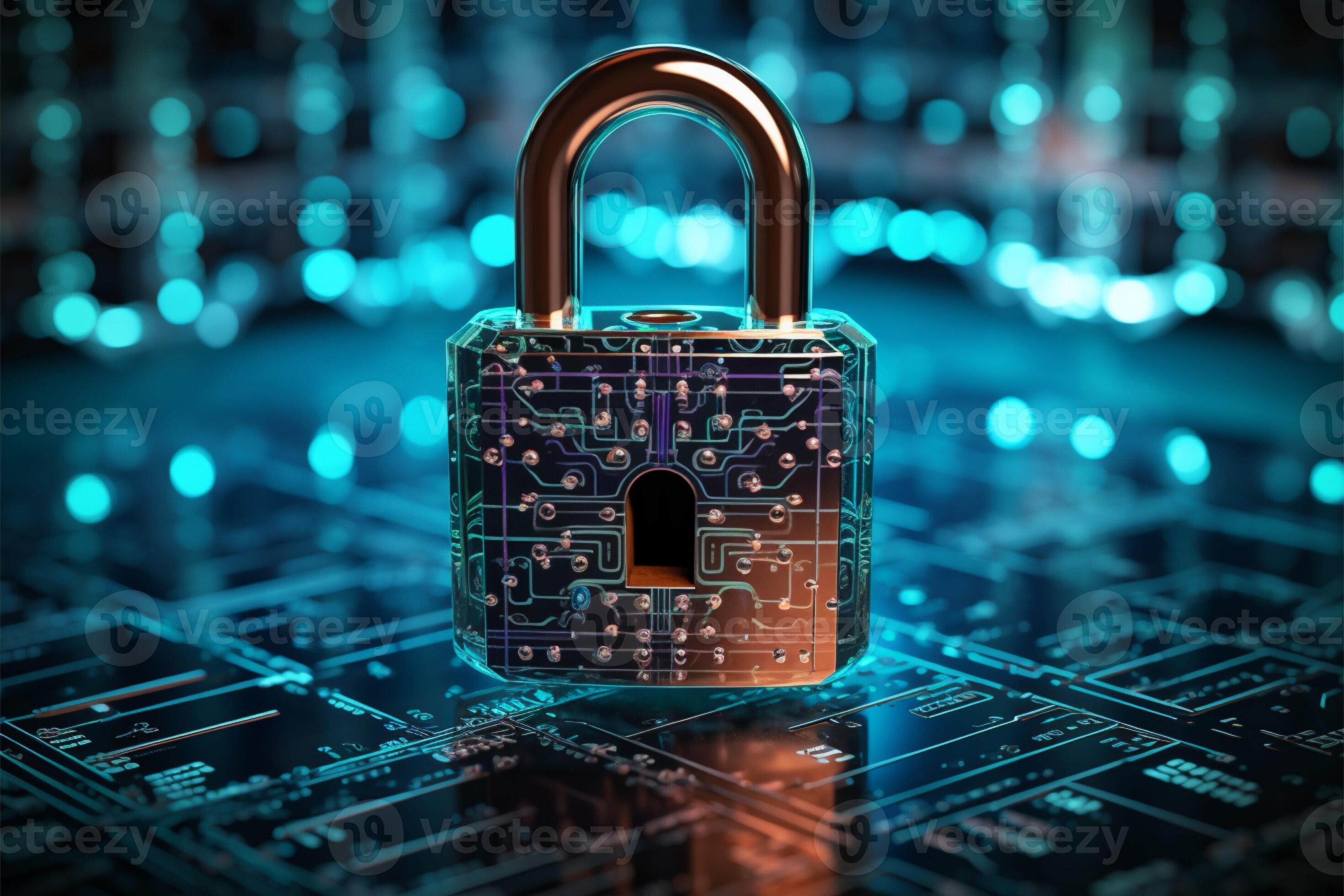 A blue keylock reflects the cybersecurity concept through binary code