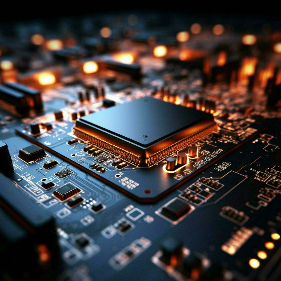 Microscopic components form an elaborate circuitry pattern on the electronic board For Social Media Post Size AI Generated photo