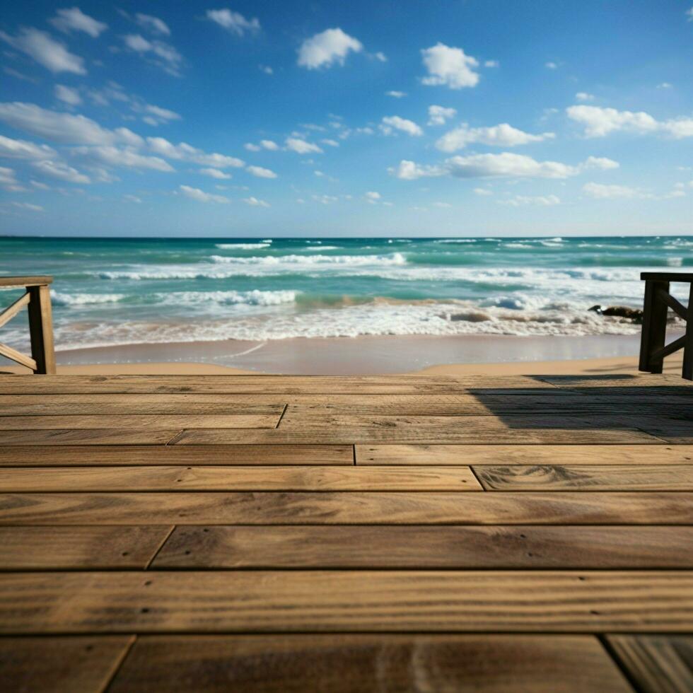 Shoreline stage Blurred beach forms backdrop for wooden decks versatile product displays For Social Media Post Size AI Generated photo