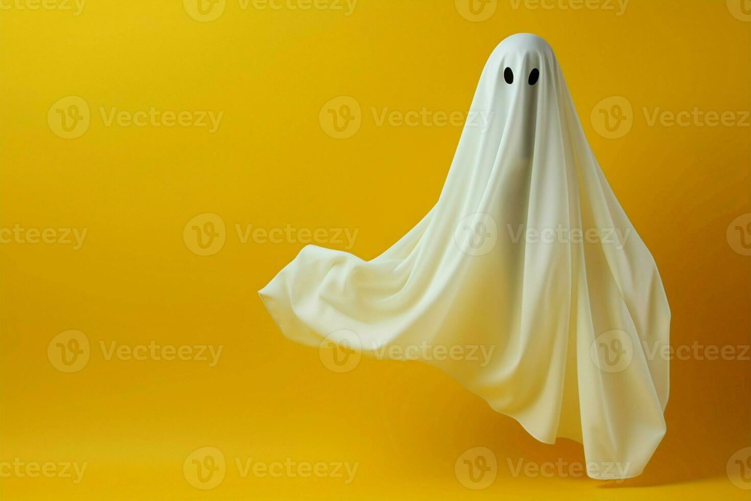 Ghostly apparition white sheet aloft against minimal yellow Halloween backdrop AI Generated photo