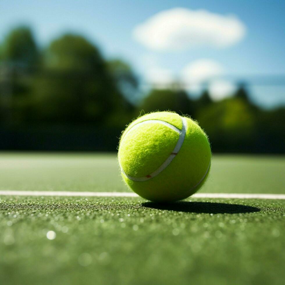 juguetón partido se despliega en un verde tenis Corte con un pelota para social medios de comunicación enviar Talla ai generado foto