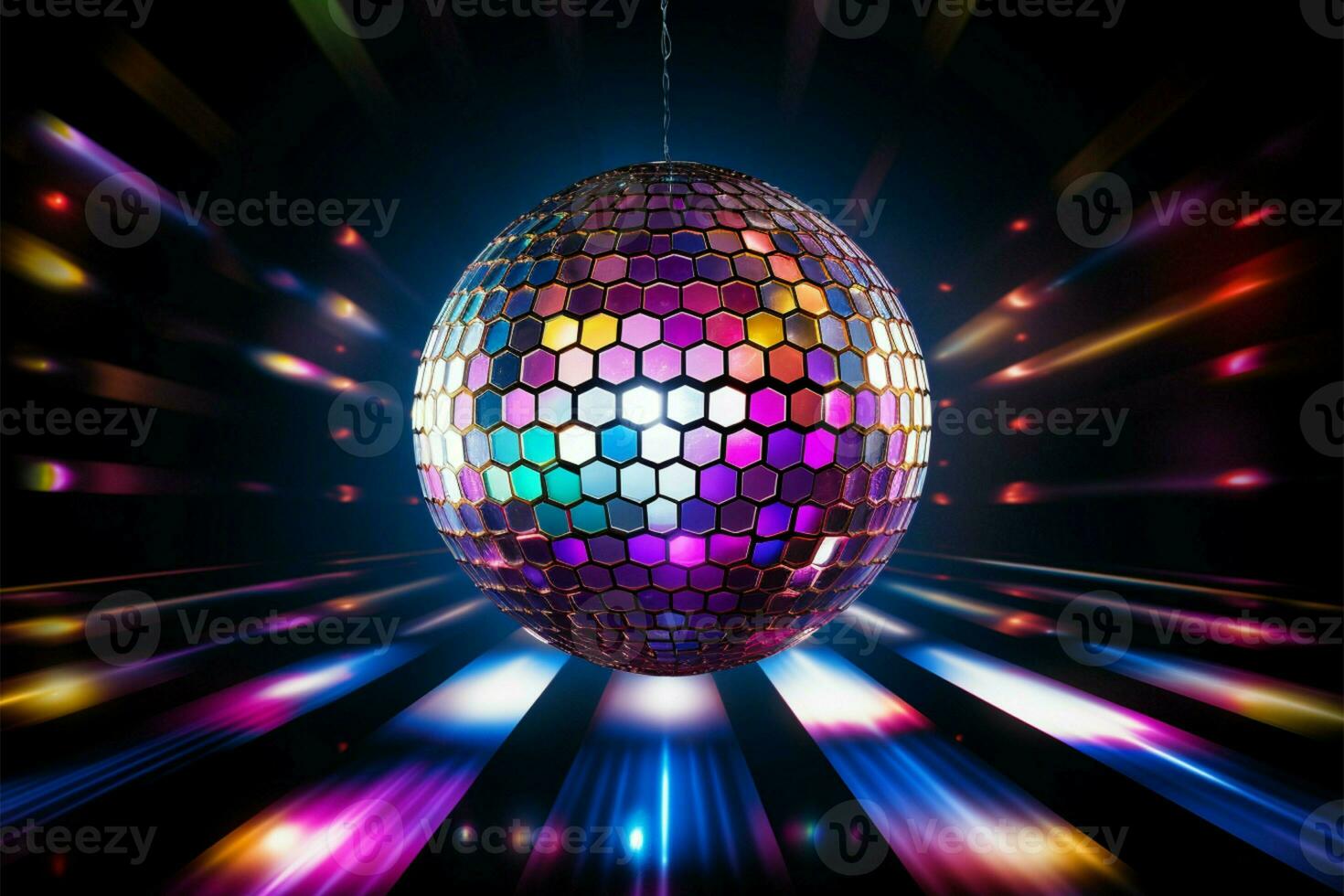 Spectacular 3D disco ball illuminated by a neon light display AI Generated photo