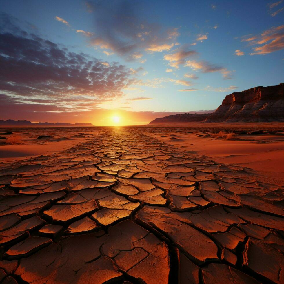 Arid expanse bathed in twilight, suns farewell hues grace sandy desert For Social Media Post Size AI Generated photo