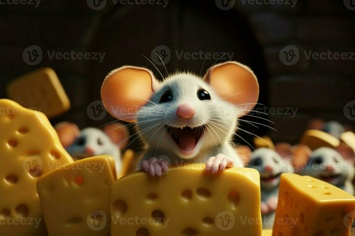 Joyful rodent Little mouses smile in a delightful cheese cartoon AI Generated photo