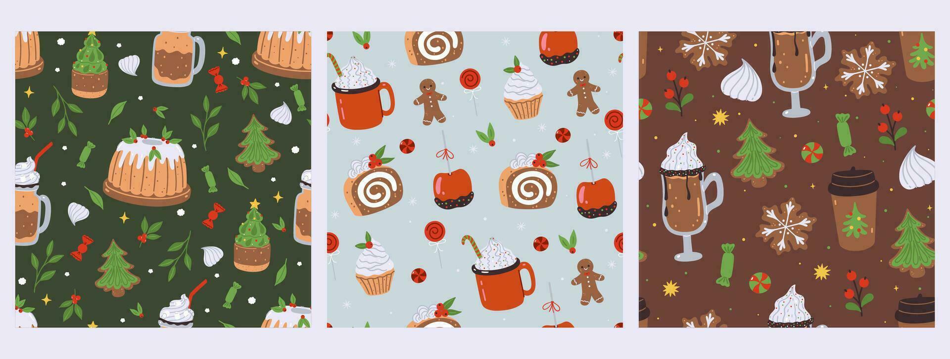 Set of seamless patterns with Christmas food and drinks. Vector graphics.