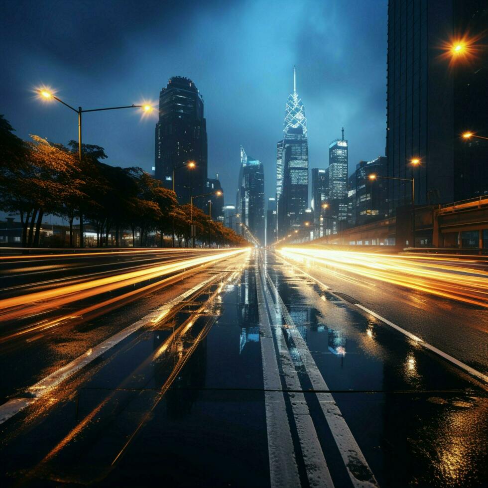 light trails on city street with cityscape at night For Social Media Post Size AI Generated photo