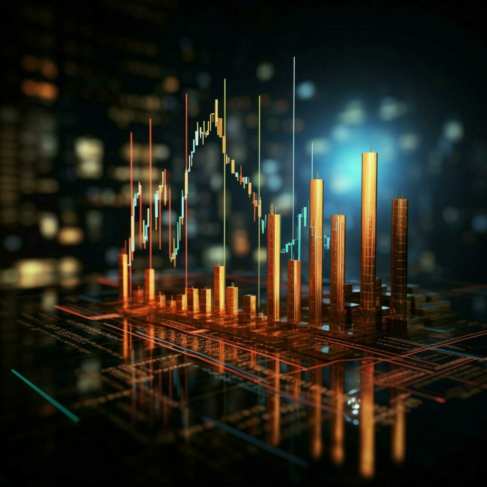 Economy concept enriched by stats, candlesticks, bar chart, and uptrend arrow For Social Media Post Size AI Generated photo