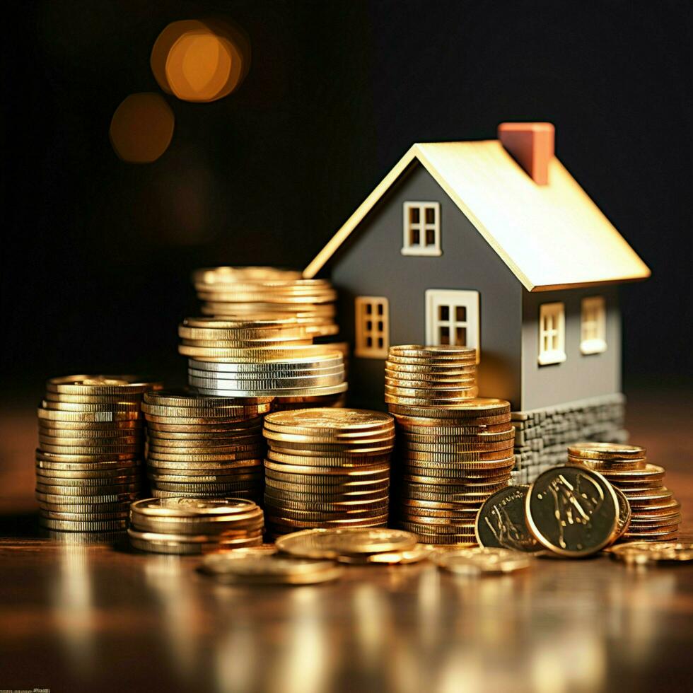 Coin stack supports 3D house, illustrating wealth and housing achievement For Social Media Post Size AI Generated photo