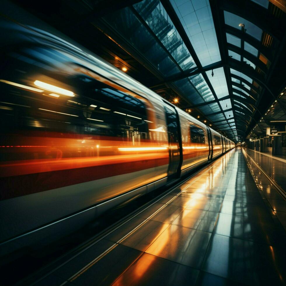 Transient rush Motion blur frames high speed trains passage through bustling station For Social Media Post Size AI Generated photo