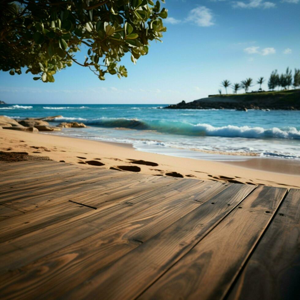 Coastal platform Wooden deck amid blurred beach scenery, ideal for product presentation For Social Media Post Size AI Generated photo