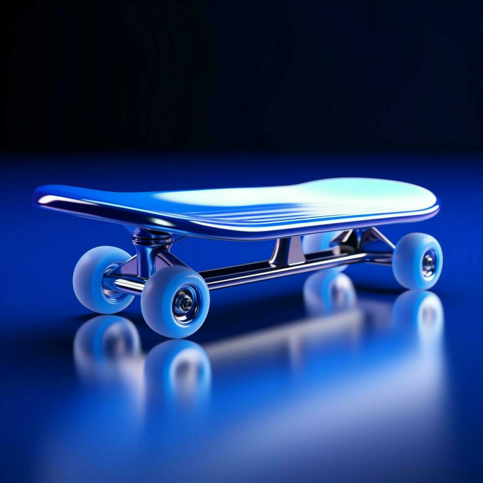 Board in focus, Vibrant blue backdrop enhances 3D rendered sleek skateboard For Social Media Post Size AI Generated photo