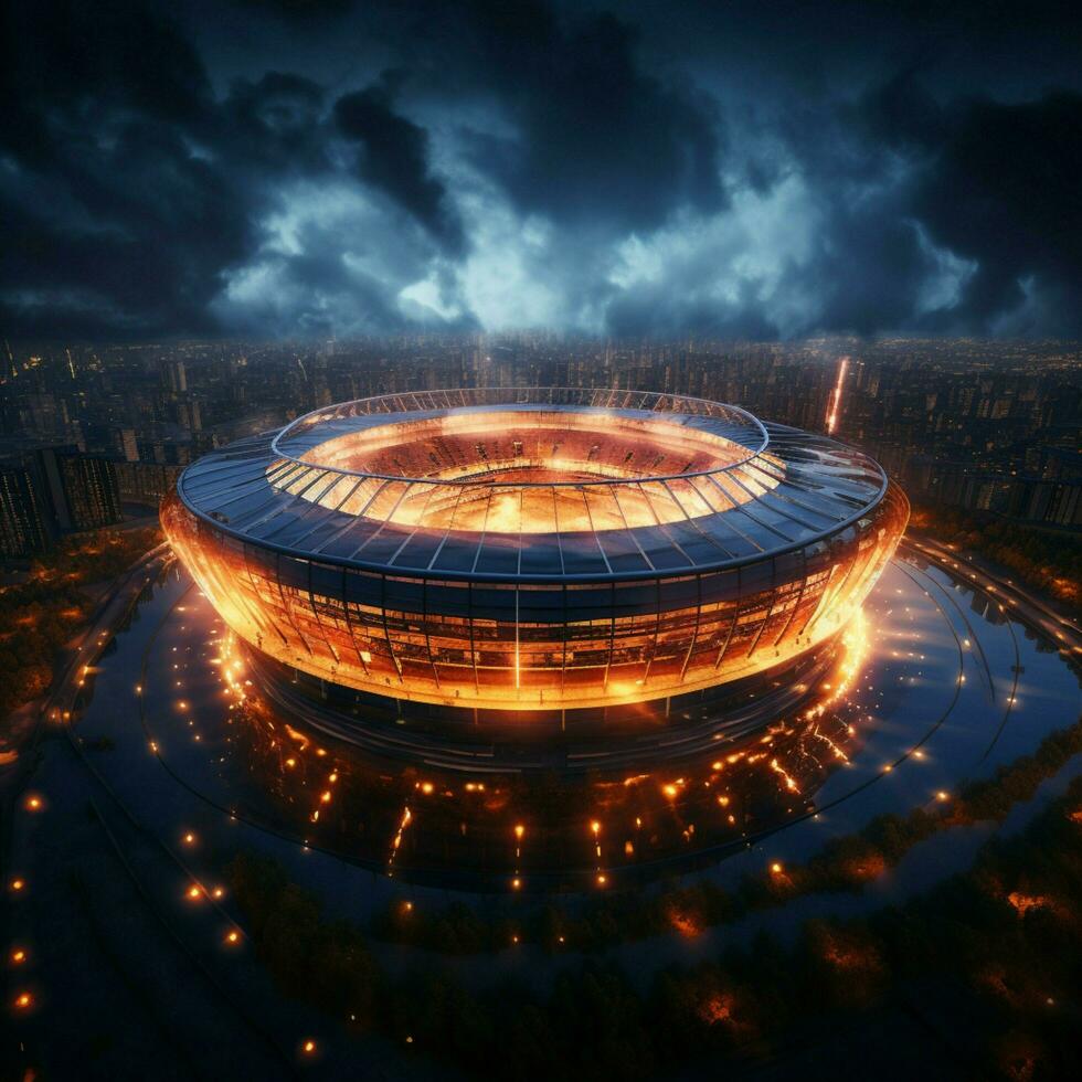 Elevated perspective, 3D top down captures night stadiums grand soccer ambiance For Social Media Post Size AI Generated photo