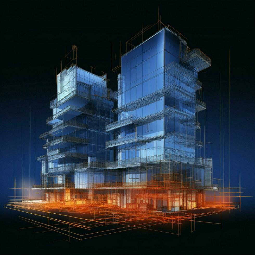 Architectural concept 3D wireframe skyscraper sketch, dynamic and modern, vector illustration For Social Media Post Size AI Generated photo