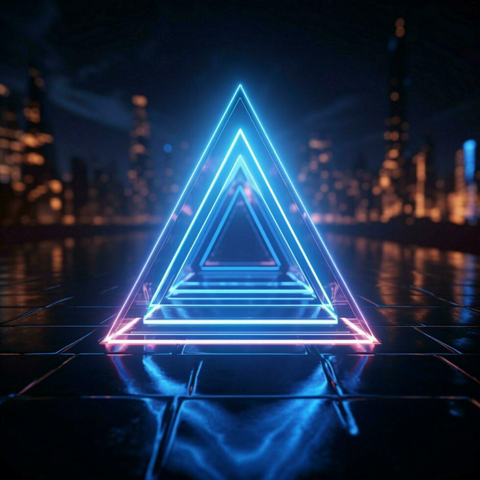 Creative 3D rendering Glowing neon rhombus on a reflective blue banner For Social Media Post Size AI Generated photo