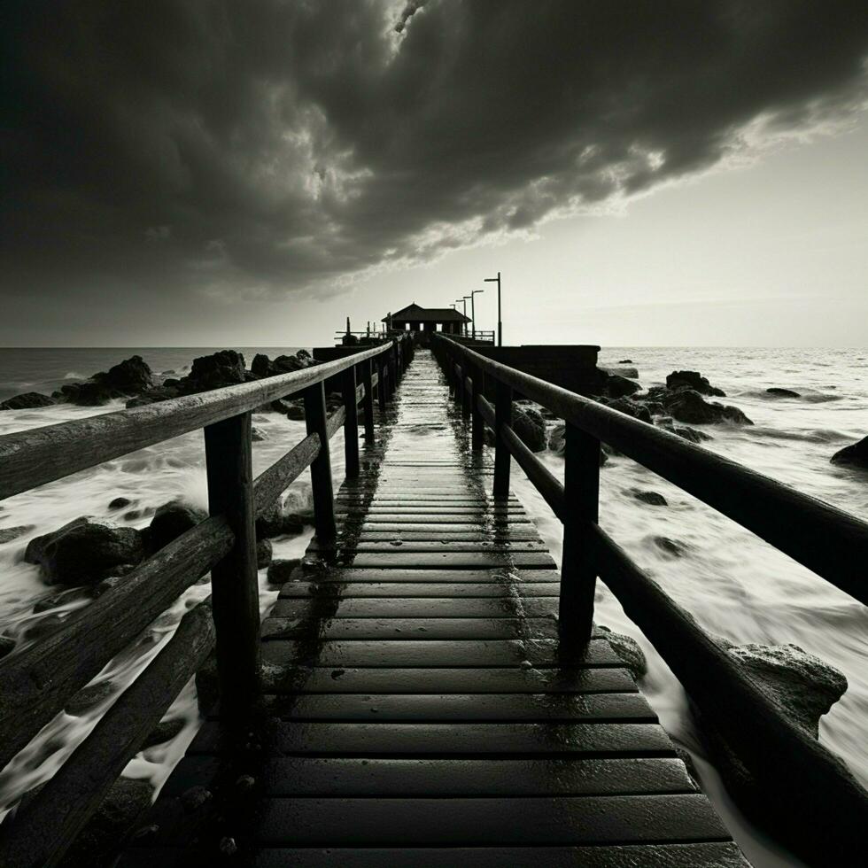 Noir coastal scene, Fishing jetty depicted in evocative black and white tones For Social Media Post Size AI Generated photo