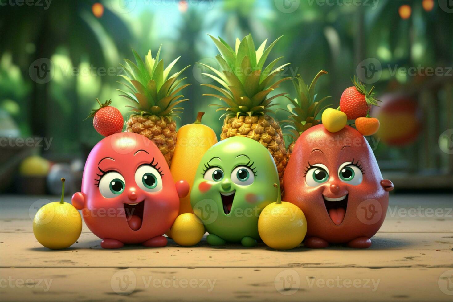 Vibrant 3D fruit characters in a cheerful, summery animation AI Generated photo