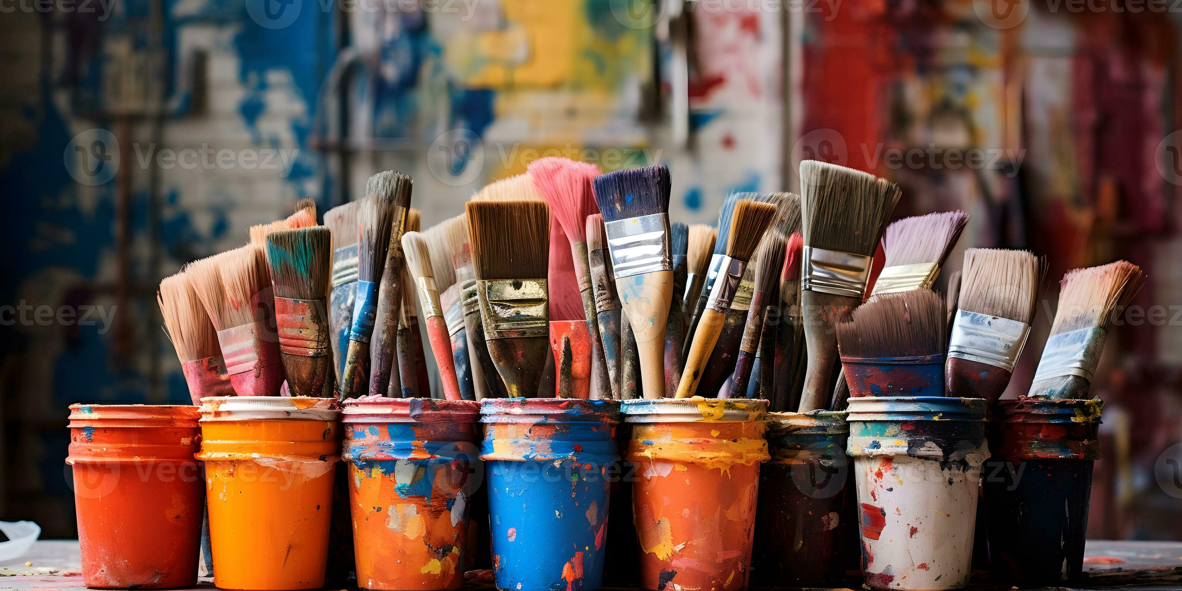 Paint brushes and paints in a bucket on a grunge background AI