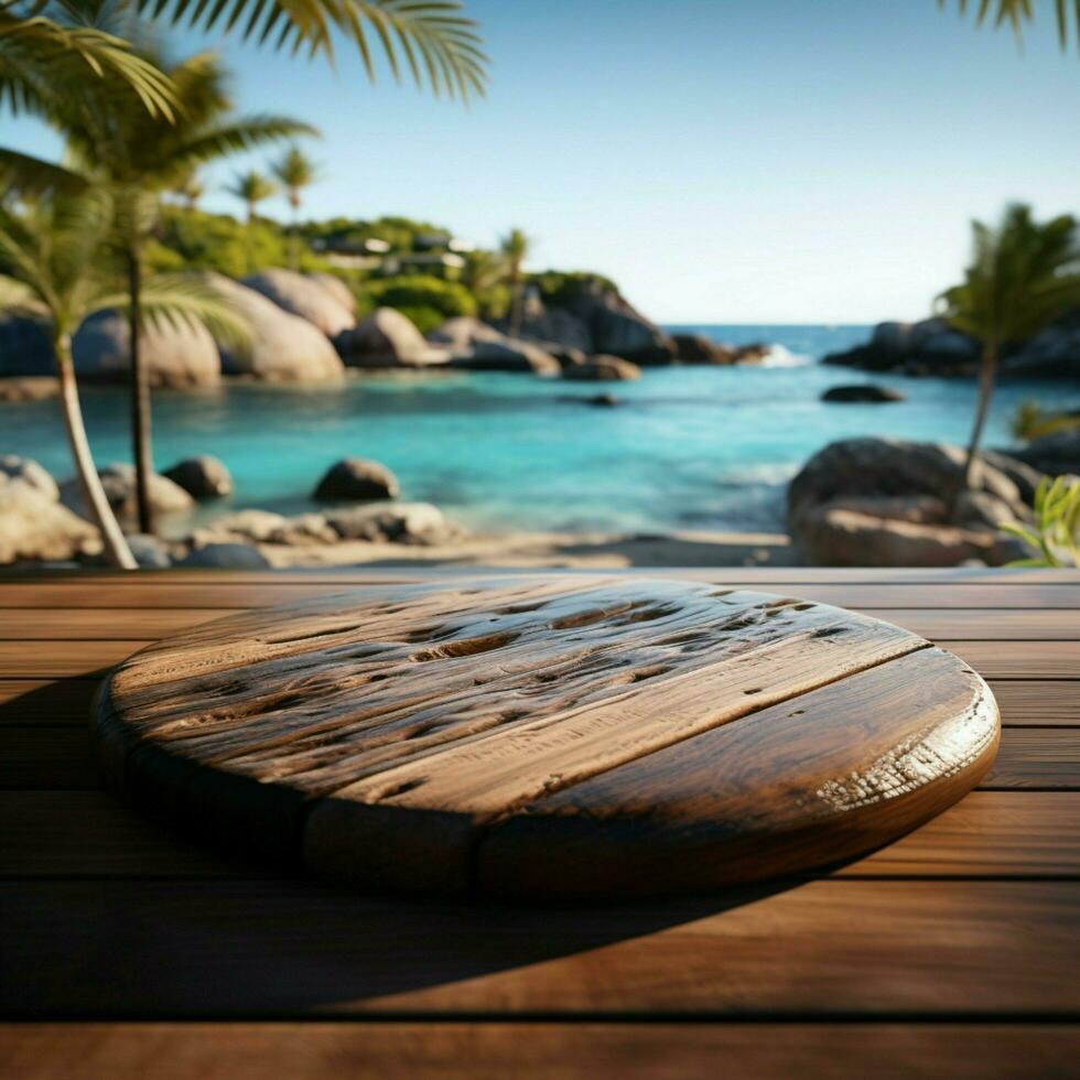 Island ambiance Blurred sea and sky behind wooden table, an inviting scene For Social Media Post Size AI Generated photo