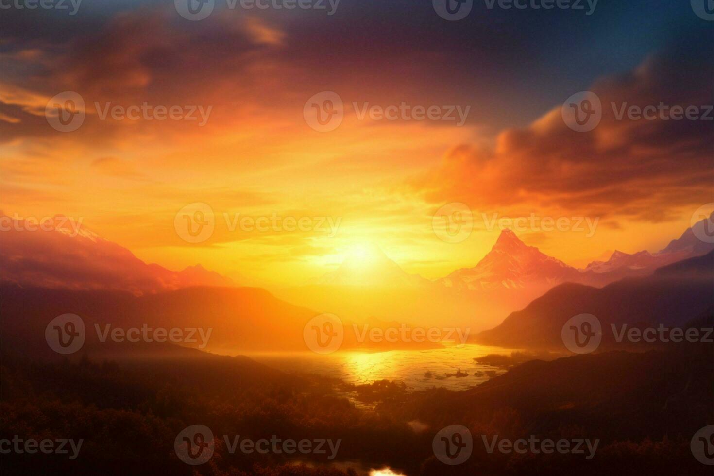 Natures masterpiece mountains meld with the vibrant, blurred evening sky AI Generated photo