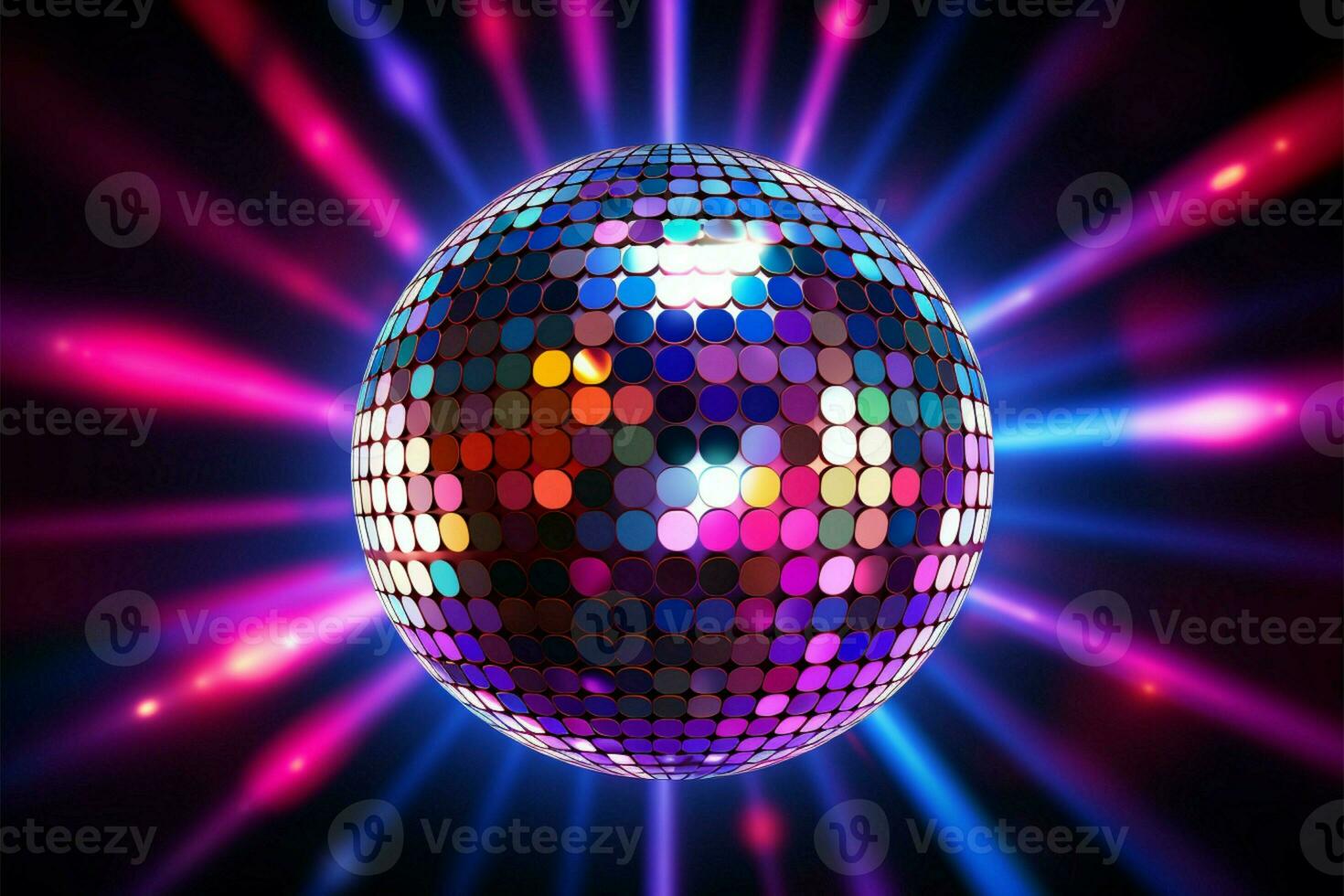 3D rendered shiny disco ball against vibrant neon light backdrop AI Generated photo