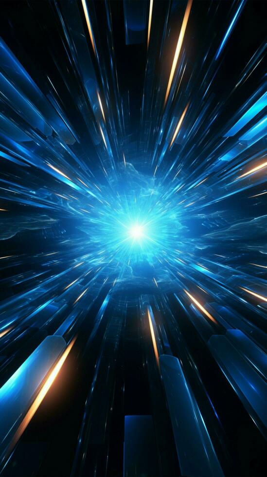 Futuristic 3D rendering Blue neon warp jump beams in space tunnel Vertical Mobile Wallpaper AI Generated photo