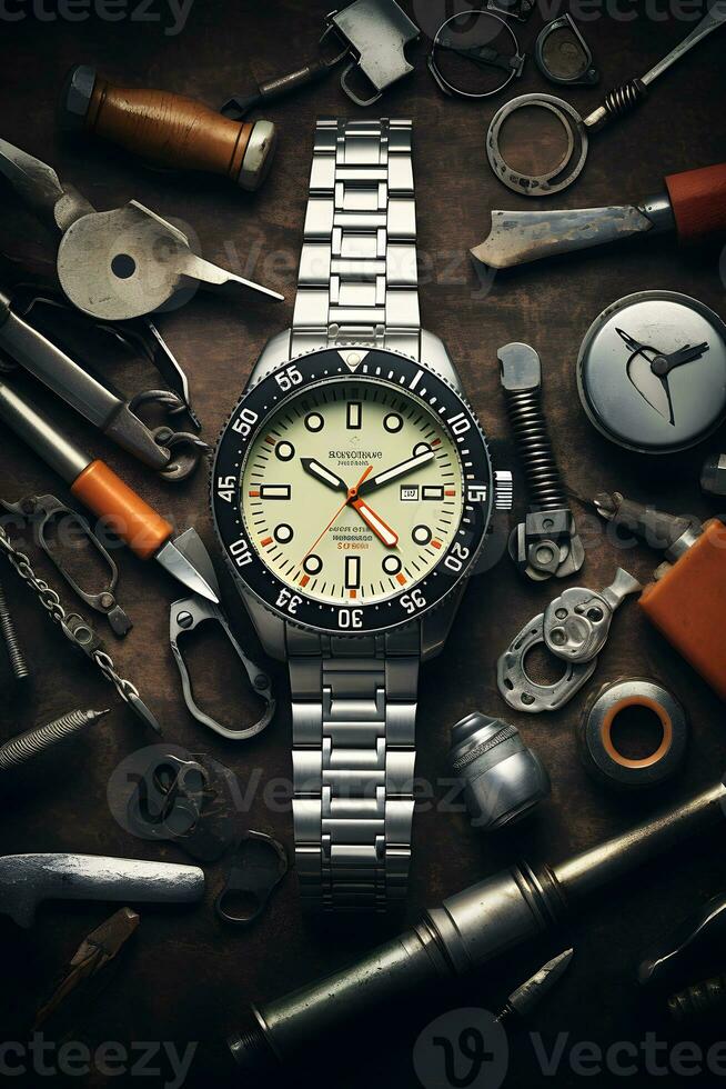 Wristwatch and tools on dark background. Vintage style toned picture AI Generated photo