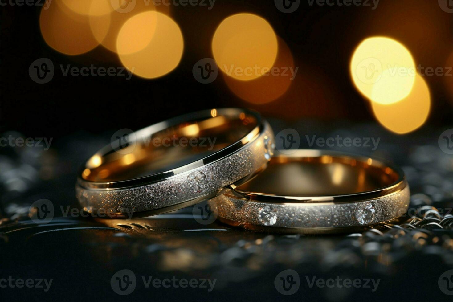 plata y oro Boda anillos brillar en un reluciente fondo ai generado foto