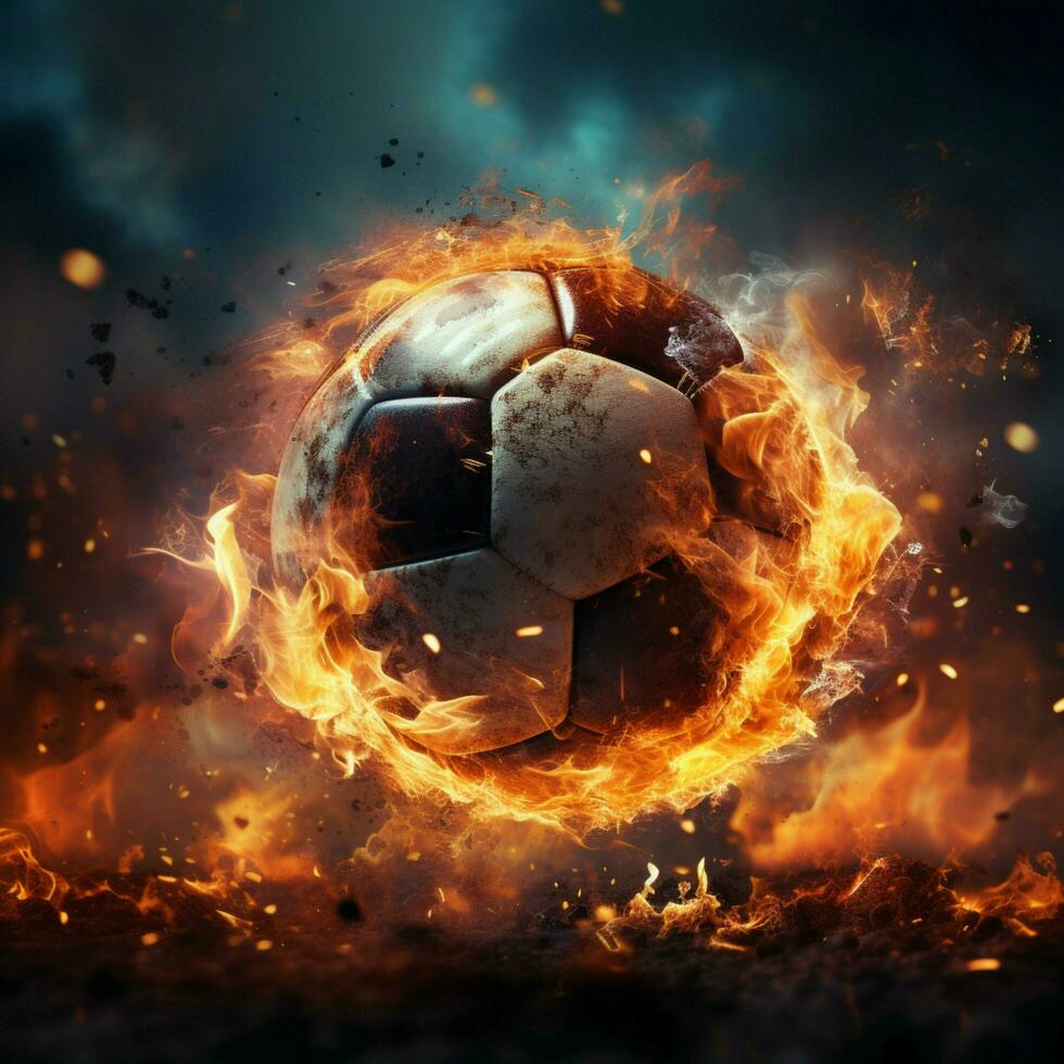 futbolistas fuego, un poderoso patada propulsa el pelota en un estadio para social medios de comunicación enviar Talla ai generado foto