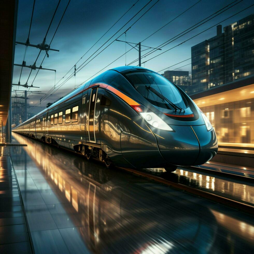 Elegance in motion High speed train streaks past station, background a dynamic blur For Social Media Post Size AI Generated photo