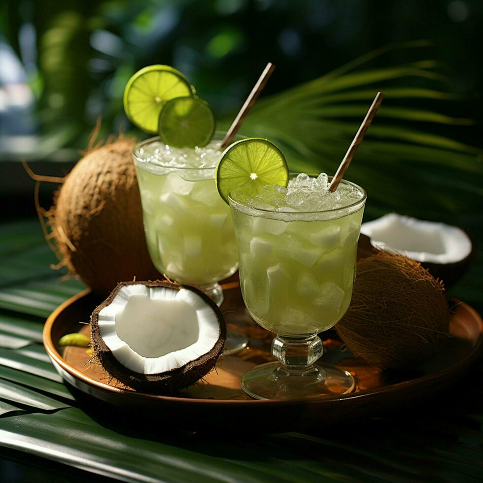 Summer tropical cocktail in fresh green coconut with two colorful umbrellas on palm tree leaves background For Social Media Post Size AI Generated photo