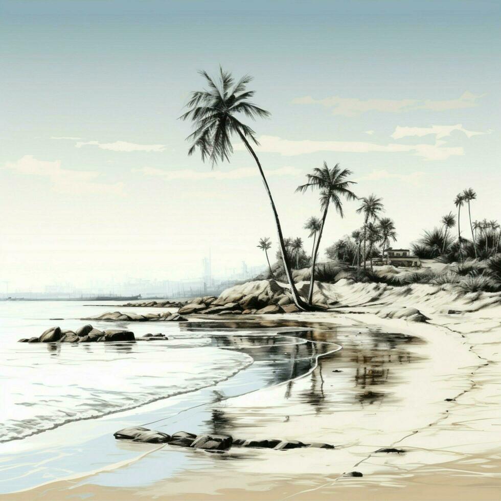 Seaside sketch Palm tree image traced on sandy shore, a natural beach expression For Social Media Post Size AI Generated photo