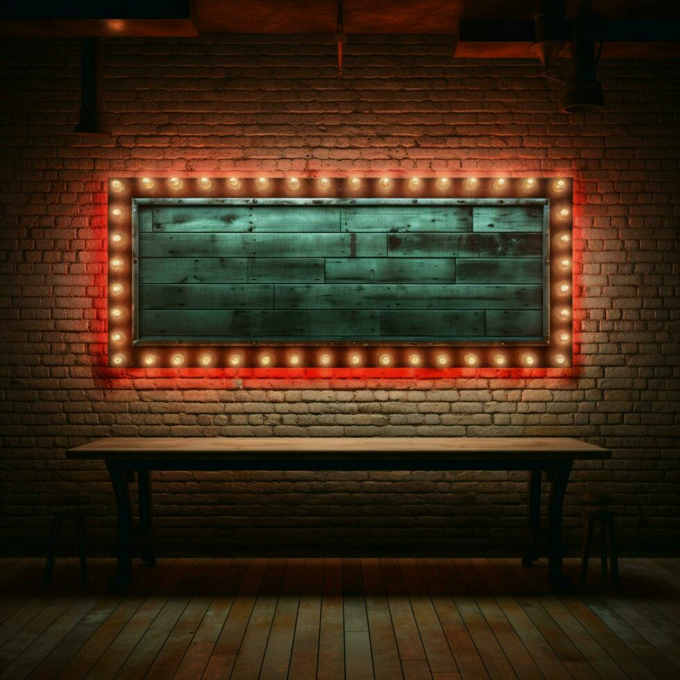 Empty long billboard sign framed in neon on a vintage brick wall For Social Media Post Size AI Generated photo