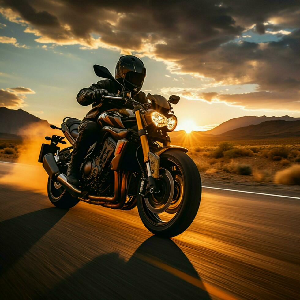 Highway sunrise cruise Speeding motorcyclist presents open copy space, symbolizing dawn expedition For Social Media Post Size AI Generated photo