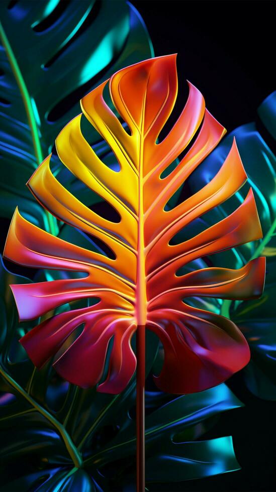 Tropical monstera leaf bathed in vibrant neon light, a 3D spectacle Vertical Mobile Wallpaper AI Generated photo